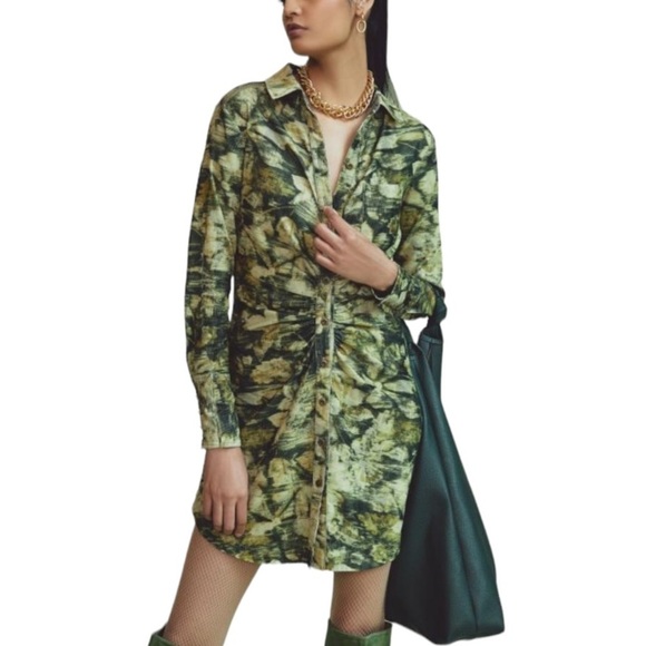 NWT Anthropologie Pilcro Ruched Corduroy Shirt Dress in Green Size 4 Small - Picture 1 of 14